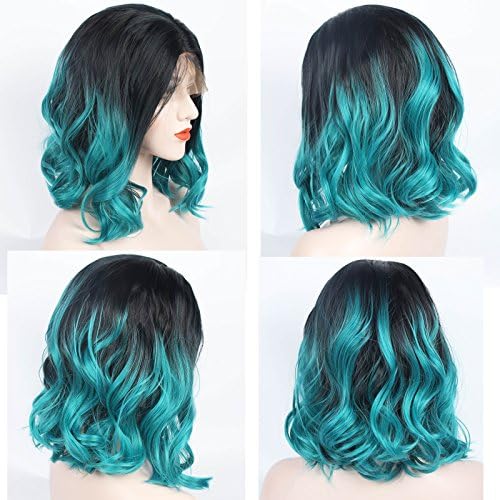 ZeroBlizzard Short Blue Ombre Wig Synthetic Lace Front Wigs Short Wavy Bob Pre Plucked 2 Tone Blue Bob Lace Wig With Baby Hair and Bleached Knots for Women 16inch
