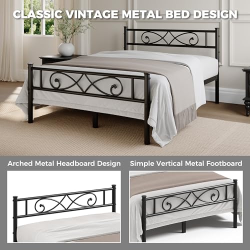 Vintage Full Size Bed Frame with Headboard, Platform Bed Frame with Headboard & Footboard, Bed Frame No Box Spring Needed, Metal Headboard Bed Frame with Under Bed Storage, Black