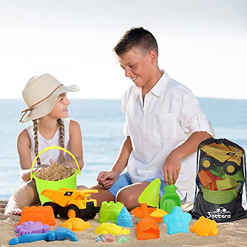 3 otters Beach Toy Set, 28 PCS Sand Toys for Toddlers Beach Truck Kids Beach Toys Bucket with Sifter, Shovel, Rake, Castle Sand Molds