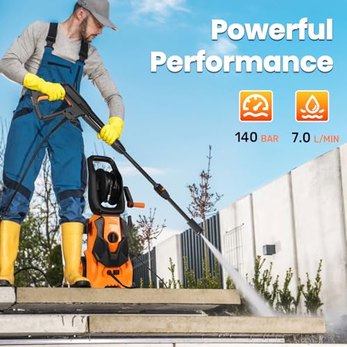 Pressure Washers 1800W 140Bar, Jet Washers Pressure Washers with Hose Reel Adjustable Nozzles & Foam Tank Power Cord, Portable Power Washer for Yard, Cars, Garden, Furniture.