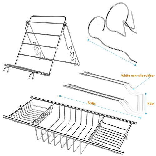 GTHUNDER Bath Tub Caddy Over Bathtub Tray Stainless Steel Racks Organizer with Extending Bars, Wine Glass and Universal Cup Holder, Book Rack (Update)
