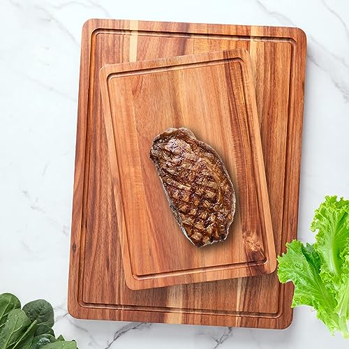 COCOBOSS Premium Acacia Wood Cutting Board for Kitchen Wood Chopping Board - with Juice Slot and Convenient Handles (Medium 15\