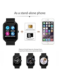 Bluetooth visualización táctil reloj inteligente, hongtu pulsera de acero inoxidable con cámara tarjeta SIM ranura llamada recordatorios, SMS, monitor de sueño podómetro apoyo TF tarjeta sim para iOS y Android (Oro) de metal, Negro