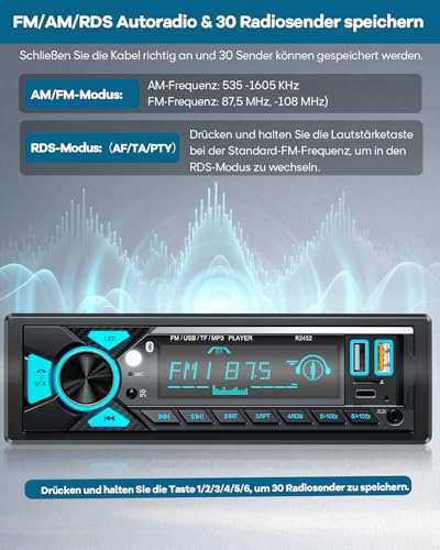 RDS Car Radio Bluetooth, CENXINY Car Radio 1 DIN with Charging Port Type-C, AM/FM Radio with 2USB/AUX/SD/TF Support Android and iOS