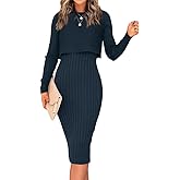Ezbelle Women's Long Sleeve Sweater Dresses 2 Piece Outfits Sets Ribbed Knit Crop Tops and Tank Bodycon Midi Dress