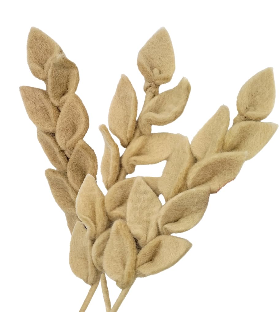your castle Branch with Leaves Foliage Felt Flowers, Handmade Decorative Flowers, Fair Trade, Sustainable Felt Decoration, Realistic Artificial Flowers, Pack of 3 in Beige