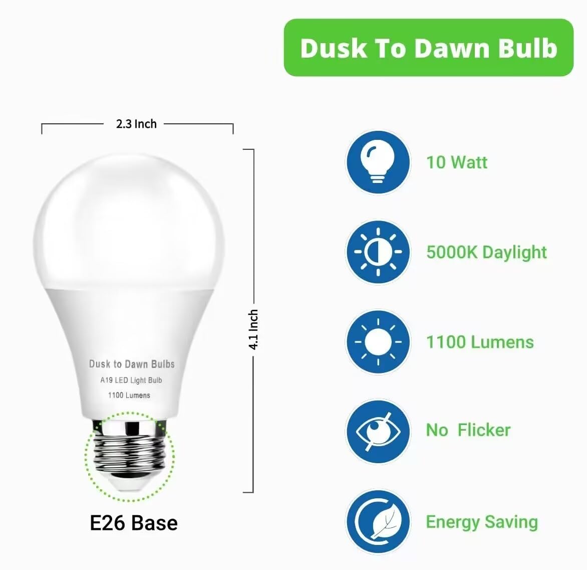 4-Pack Dusk to Dawn Light Bulbs Outdoor 75 Watt Equivalent, Automatic On/Off Sensor LED Bulb, 10W Daylight 5000K,1100 Lumen, A19 E26 Bulbs Photocell for Wall lamp Porch Garage Yard Light(Non-dimmable)