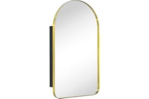 EGHOME Brushed Gold Arched Recessed Bathroom Medicine Cabinet with Mirror Stainless Steel Metal Framed Rectangular Bathroom Cabinet with Mirror 16x28.3''