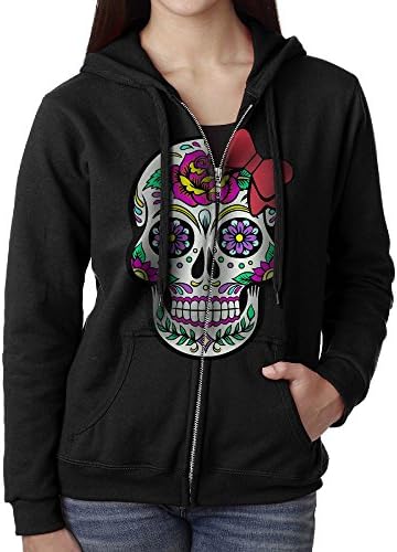 Lady Sugar Death Skull Bow Zipper Hoodie Sweatshirt Fleece Pullover Hooded Shirts Pocket S