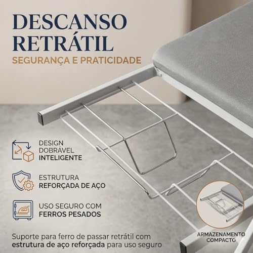 Mesa de Passar Roupa Suprema Dobrável com Porta-Ferro, Altura Ajustável e Estrutura Reforçada, Tábua de Passar Roupa Extra Grande Preto/Chumbo Metalizado Suprema Extra