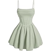 SHENHE Women's Ruched Corset Dress Spaghetti Strap Fit and Flare Flowy Skater Mini Cami Dress