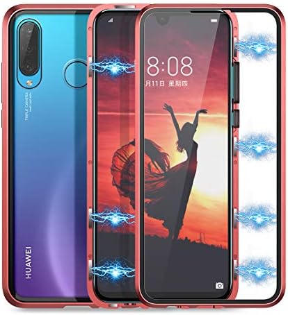 Winhoo for Huawei P30 Lite Case Tempered Glass Screen Protector Magnetic Clear Transparent Flip Cover Shock Proof Hard 360 Degree Full Body Protection Bumper Front and Back - Red