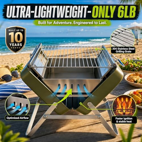 Flame Box Ranger Plus – Parrilla Portátil de Carbón Plegable Tipo Maletín | Superficie Grande para 4–5 Personas | Acero Inoxidable 304, Montaje Rápido, Ligera y Fácil de Transportar