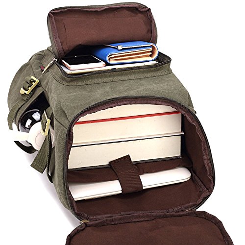 BEFAiR Men Medium Army Green Canvas College Backpack 15 inch Laptop Bag Schoolbag Vintage Hiking Daypack