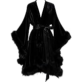 Daily Life Mall Women's Velvet Feather Bridal Robes Old Hollywood Maternity Photoshoot Nightgown Bathrobe Long Lingerie