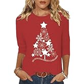 3/4 Sleeve Christmas Shirt for Women Merry Believe Lights Tree Graphic Festival Shirt Vacation Trendy Tops
