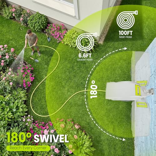 Bietor Retractable Garden Hose Reel, 1/2“ x 30m+2m Upgraded UV Resistant Heavy Duty Wall Mounted Hose Reel with 10 Patterns Nozzle, Any Length Lock, Slow Return System, 180°Swivel Bracket