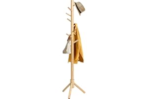 IBUYKE Coat Rack Freestanding, Wooden Coat Tree with 3 Adjustable Sizes and 8 Hooks, Easy to Assembly Coat Rack Stand for Bedroom Office Hallway, Wood Color URF-1193