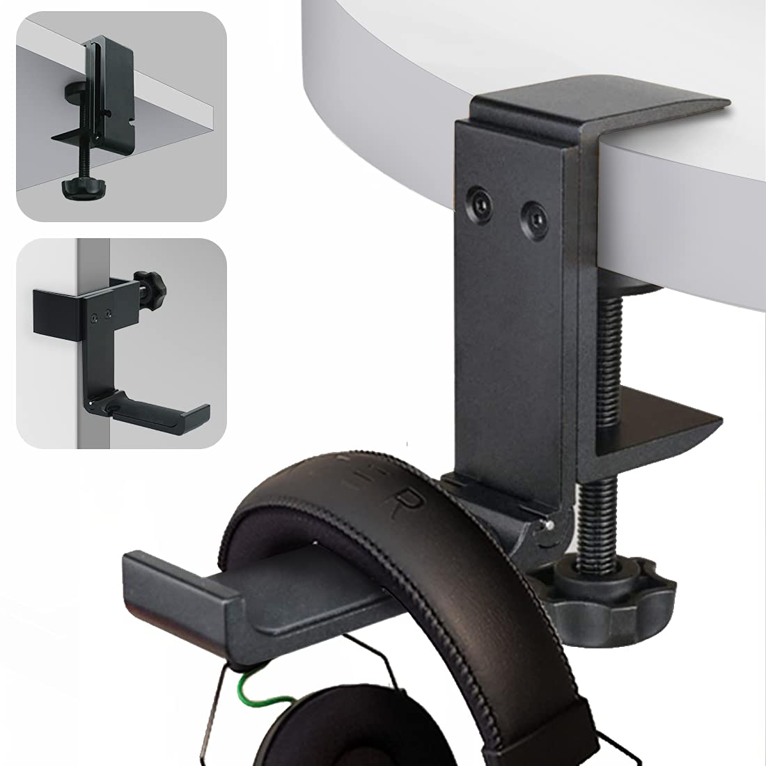 FANFX Headphone Stand Holder with Cable Clip Foldable Aluminum Headset Hook Under Desk Universal Headphone Hanger Earphone Organizer Clamp Gaming Headset Mount (Black)