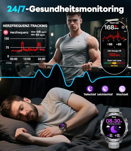 LIGE Military Smartwatch Men - 1000 mAh/1.85 Inch HD Large Touch Screen/LED Light, Fitness Watch with 110+ Sports Modes, Heart/Sleep Tracking, 2 Bracelets, IP68 Waterproof, Sports Watch for iOS/Android, Black