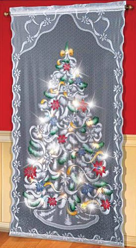 Etc Lighted Christmas Tree Curtain Panel White Multi 40 W X 84