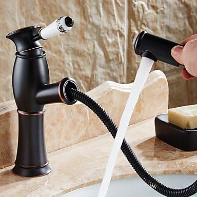 HZZymj-Antique Brass Faucet Hot And Cold Modern Pull Out Sink Faucet Single Handle Mixer Tap For Bathroom Kitchen Black Faucet