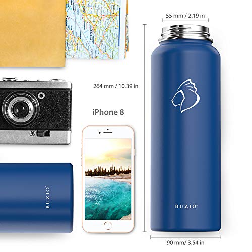 BUZIO Stainless Steel Water Bottle (Cold for 48 Hrs, Hot for 24 Hrs), 40 oz Vacuum Insulated Water Bottle with Straw Lid and Flex Cap (Double Wall, Wide Mouth, BPA Free, Leak Proof), Cobalt