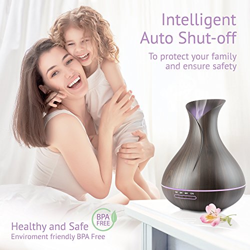 Essential Oil Diffuser 400ML 8h, Ultrasonic Air Humidifier, BPA Free, 7 Color LED Lights Lamp, Auto Shut-off, Black Olive Wood Grain. Cool Mist Machine for Home Office SPA EO Aromatherapy, Aroma Scent