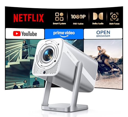 Smart Projector [Built-in Apps/4K Support/2026 Upgraded] with WiFi and Bluetooth, Native 1080P Outdoor Movie Projector, Auto Focus, Dolby Audio, TOPTRO Mini Portable Proyector w/ YouTube/Prime Video