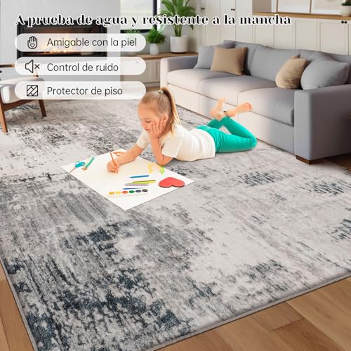 Calore - Alfombra Abstracta Moderna y Suave, Antideslizante, para Interiores, con Estampado de alfombras, para Sala de Estar, recámara, Comedor (Gris/Multi, 6.5'x 8.2'(200×250cm))
