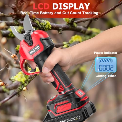 MHPRO Brushless Cordless Pruning Scissors, Electric Pruning Scissors 600W with 2 x 21 V 2000 mAh Batteries, LCD Screen, for Orchards, Landscaping and Professional Gardening, Red
