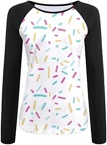 Sweet Donuts Seamless Background Women's Color Block Long Sleeve T-Shirts Crew-Neck Casual Slim Tops Athletic Fitted Tee
