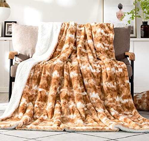 DaDa Bedding Luxury Faux Fur Throw Blanket For Couch Sofa Bed - Pumpkin Orange Brown Rabbit Sherpa Backside Super Soft Warm Plush Cozy Fluffy Animal Print Dreamy Cloud White & Copper Amber - 63" x 90"