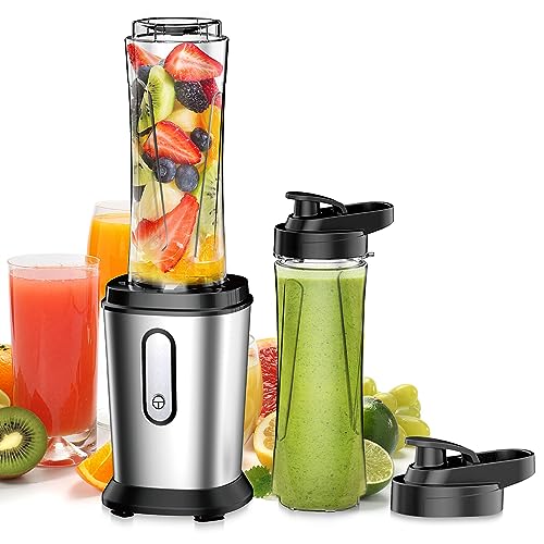 Mixer, 500 W Mini Stand Mixer & Smoothie Maker with 2 x 600 ml Bottles, BPA-Free Tritan, Portable Mixer Smoothie Maker Made of Stainless Steel, 4 Sheets for Shake, Smoothie, Silver (Silver)