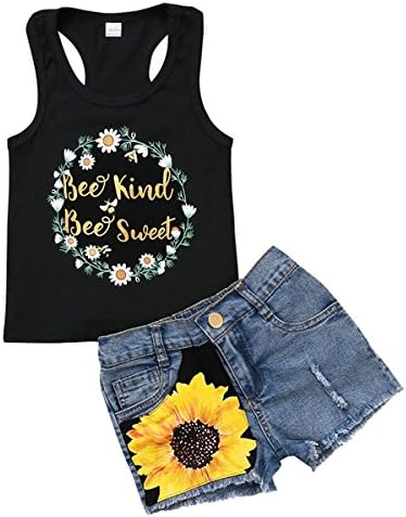 2Pcs/Set Fashion Toddler Kids Baby Girl Sleeveless T-Shirt Top+Floral Denim Shorts Outfits (5-6 Years, Black+Denim)