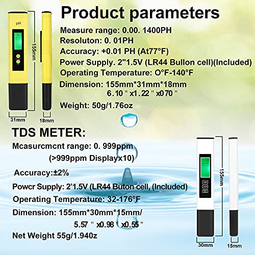 PH and TDS Meter Combo, Digital Water Tester 0.05ph High Accuracy Pen ...