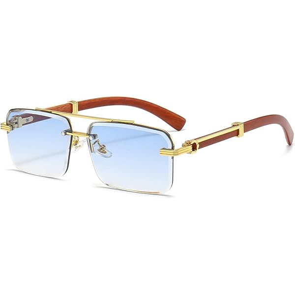 thumbnail image 2 of Men's Rimless Rectangle Sunglasses – Blue Tint Gradient Polarized, Gold Frame, Hip Hop Vintage 2 of 4