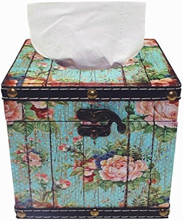 Retro Tissue Box Cover Holder,Square Pumping Paper Case Dispenser Desk Organizer for Bathroom Vanity Countertops Office(Blue Peony)(Blue Peony)