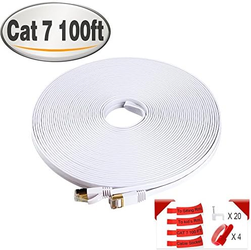 TBMax Cat7 Ethernet Cable 100 ft with Clips,Sticky Labels and Straps, Flat Networking High Speed 10Gbps RJ45 Patch Cable with STP Copper Wires Shielded and Gold Pated Connector White (30 Meters)
