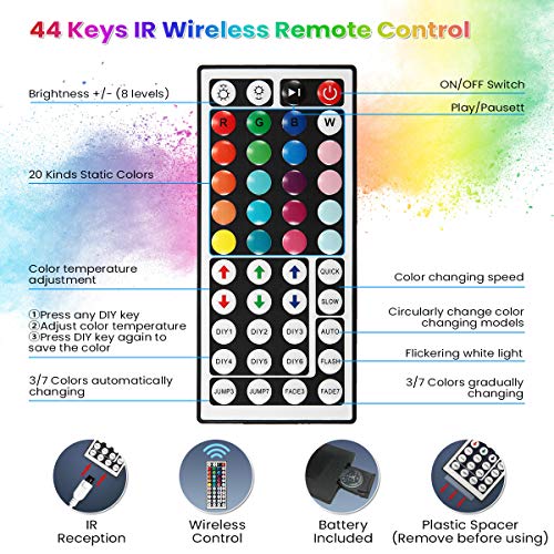 LED Strip Lights, Elfeland 32.8FT/10M 300LEDs SMD5050 RGB Light Strip IP65 Color Changing Rope Lights Tape Lights 44Keys IR Remote Controller Flexible Strips for TV Room Kitchen Party Decoration