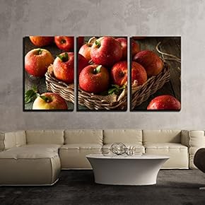 3 Piece Canvas Wall Art - Raw Red Fuji Apples in a Basket - Modern Home Art Stretched and Framed Ready to Hang - 16"x24"x3 Panels