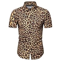 GLVSZ Mens Summer Casual Dress Shirt Leopard Print Button Down Short Sleeve Tee(Yellow,XL)