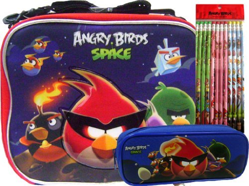 New Angry Birds Lunch Box + Blue Pencil Case and Pencils