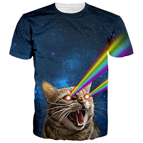 RAISEVERN Unisex Galaxy Space Laser Cat Printed Hip Hop Style T-Shirts Tees M