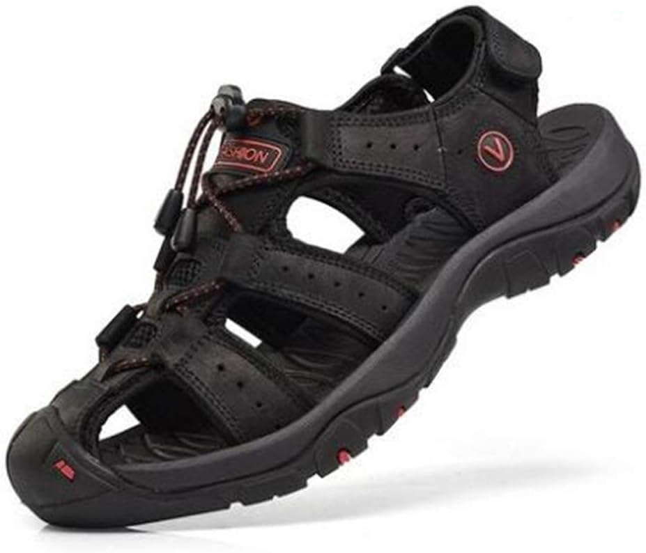 ZHShiny Mens Leather Sport Sandals Summer Outdoor Beach Shoes Closed Toe Trail Walking Hiking Black Brown Yellow Size 11 12