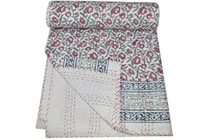 YUVANCRAFTS Indian Hand Block Floral Print Kantha Quilt Handmade Vintage Queen Size Cotton Kantha Throw Blanket Bedspread (Multi Floral, Twin Size)