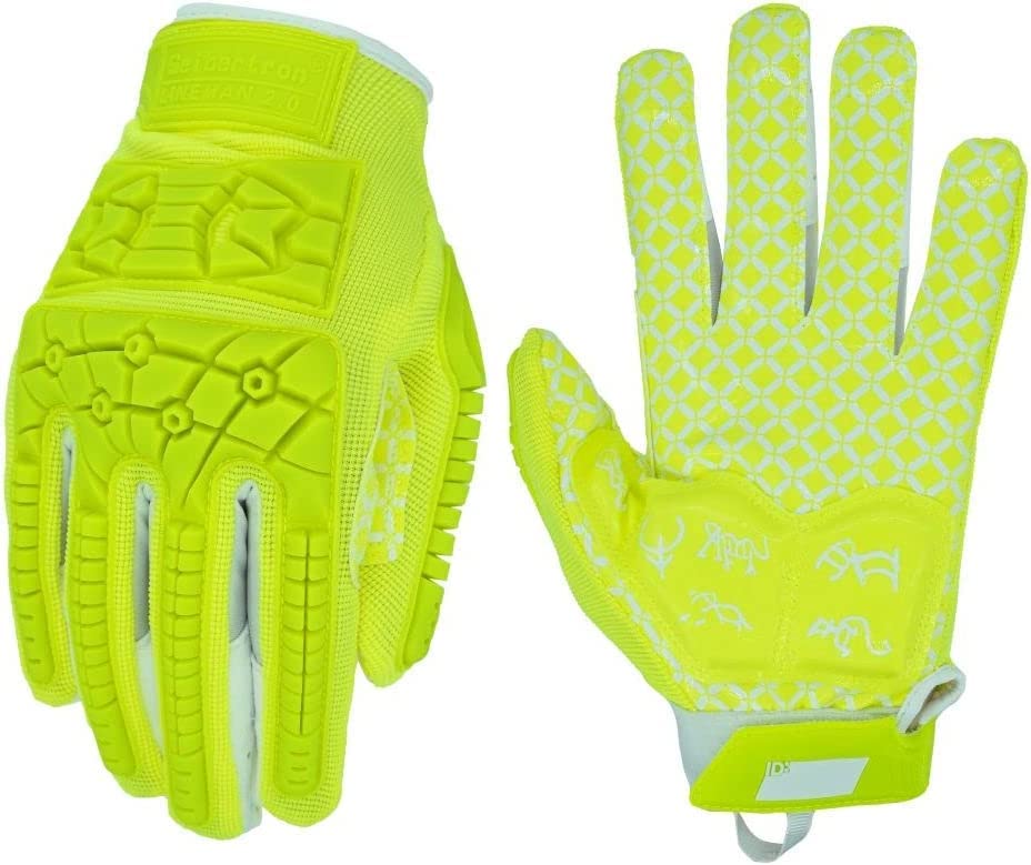 Seibertron Lineman 2.0 Padded Palm Football Receiver Gloves, Flexible TPR Impact Protection Back of Hand Glove Adult Sizes Fluo Green XL