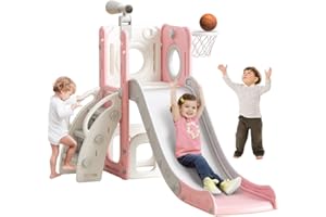 BAVNNRO 6 in 1 Toddler Playset with Slide, Kids Slide with Basketball Hoop, Ball, Ring Toss, Indoor Outdoor Toys (Pink)