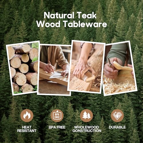 Cucharas de Madera para Cocina, Juego de Utensilios de Cocina Teca, Espátula,Tenedor para Ensalada,Cuchara, Colador y Cuchara para Pasta, Adecuado para Cocinas y Comedores, 5 Piezas