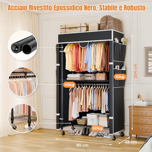 Himimi Coat Rack with Cover, Clothes Rack on Wheels, Heavy Load, Stable with Height Adjustable Shelf, Metal Open Wardrobe for Bedroom, 90 x 45 x 205 cm
